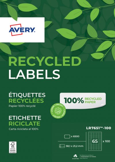 AVERY Bo&icirc;te de 6500 &eacute;tiquettes adresse Laser recycl&eacute;es Blanc 38,1 x 21,2 mm LR7651-100