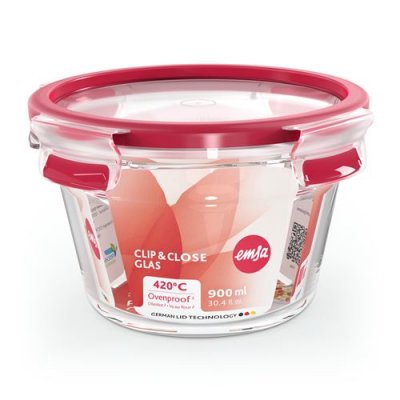 EMSA Bo&icirc;te de conservation CLIP & CLOSE verre, rond, 0,9 L