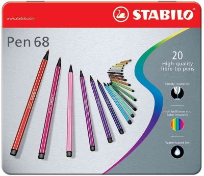 STABILO Bo&icirc;te en m&eacute;tal de 20 feutres Pen 68 &agrave; pointe moyenne coloris assortis