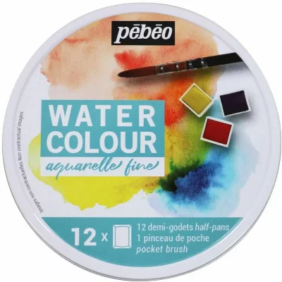 PEBEO Bo&icirc;te ronde de 12 demi-godets aquarelle + pinceau &agrave; eau #0