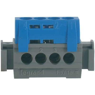 LEGRAND Bornier neutre  - 4 bornes - c&acirc;ble 1,5 &agrave; 16 mm&sup2; bleu