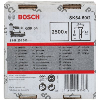 BOSCH  2500 Pointes &Agrave; T&ecirc;te Frais&eacute;e 1,6 / 16 G - Version Galvanis&eacute;e