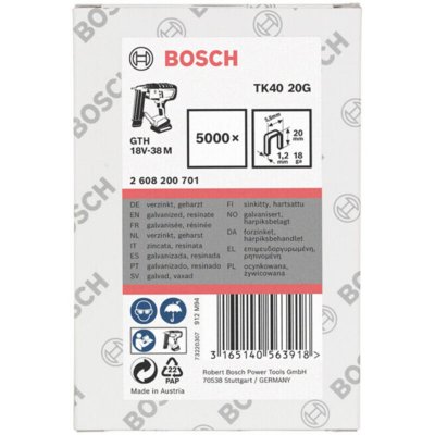 BOSCH  - 5000 agrafes &agrave; dos &eacute;troit l:20mm galvanis&eacute;es pour gtk 40 pro
