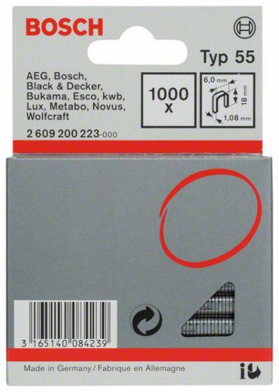 Bosch Agrafes A Dos Etroit Type 55 - 6 X 1,08 X 16 Mm - Lot De 1000