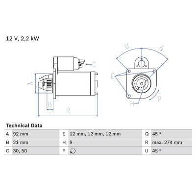 BOSCH  D&eacute;marreur pour LAND ROVER: Defender, Discovery, Range Rover, Land Rover (Ref: 0 986 016 210)