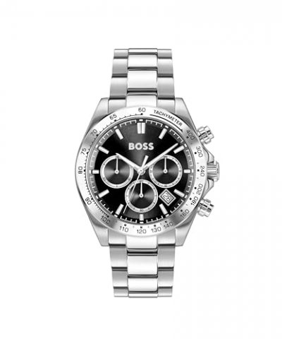 BOSS  Montre chronographe &agrave; cadran noir et bracelet en acier Couleur argent&eacute;e pcs. Men