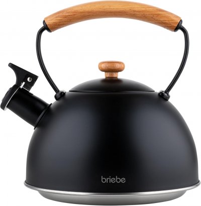 BRIEBE Bouilloire &agrave; Induction Th&eacute;i&egrave;re Sifflet 2,3L Acier Inox, Poign&eacute;e en Bois  Wooden Noir 00386