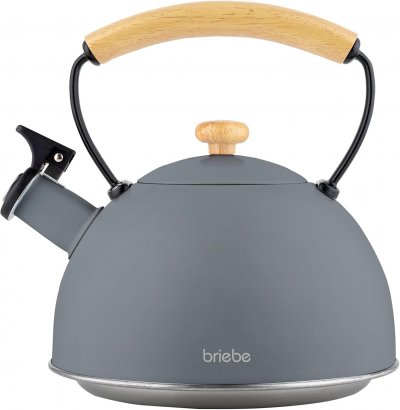 BRIEBE Bouilloire &agrave; Induction Th&eacute;i&egrave;re Sifflet 2,3L Acier Inox., Poign&eacute;e en Bois Gris Nordic