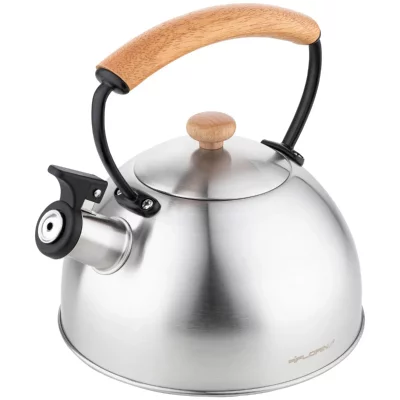 FLORINA Bouilloire &agrave; Induction Th&eacute;i&egrave;re Sifflet 2,3L Acier Inox. Poign&eacute;e en Bois,, Wooden, , Argent