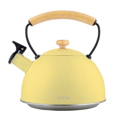 BRIEBE Bouilloire &agrave; Induction Th&eacute;i&egrave;re Sifflet 2,3L Acier Inox. Retro, Poign&eacute;e en Bois Jaune Pastel