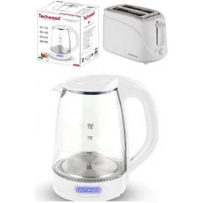TECHWOOD Bouilloire &eacute;lectrique en Verre Blanche Led bleu 1L7 2200W + Grille-pain Blanc 2 Fentes 700W