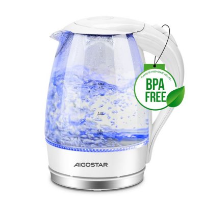 AIGOSTAR Bouilloire &eacute;lectrique en verre de 1,7 litre avec filtre et led bleue 2200 w  Blanc