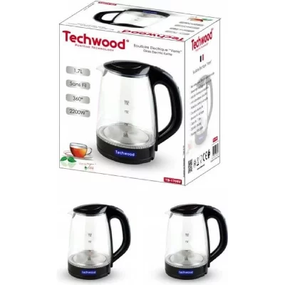 TECHWOOD Bouilloire - Th&eacute;i&egrave;re &eacute;lectrique en VERRE 2200W 1,7 l ELEMENT INOX Fontaine &agrave; Eau chaude.