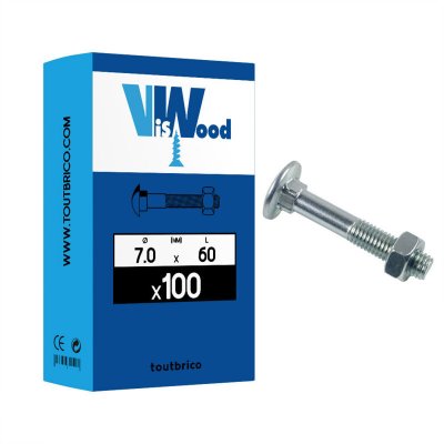 VISWOOD Boulon japy zingu&eacute; - &Oslash; 7 mm - 60 mm - Filetage partiel 20 mm - Bo&icirc;te de 100 - 