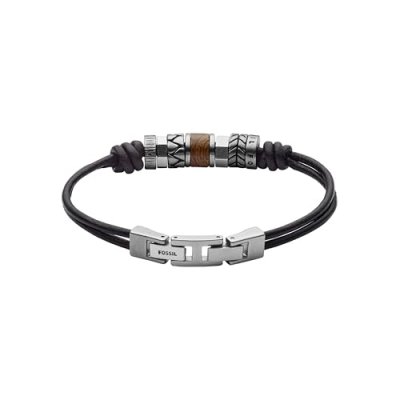 FOSSIL Bracelet en Cuir Noir et perles en Acier Inoxydable, JF84196040