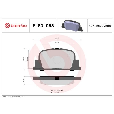 BREMBO  Jeu de plaquettes de frein arri&egrave;re P 83 063 TOYOTA PRIUS