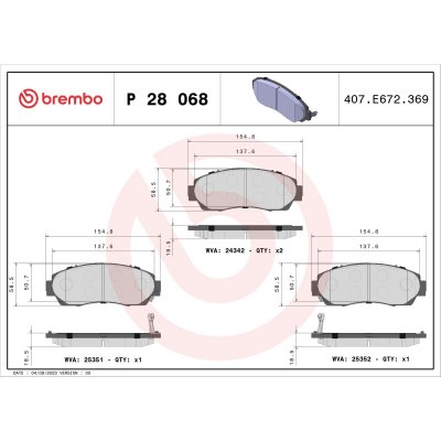 BREMBO  Jeu de plaquettes de frein avant P 28 068 HONDA CR-V