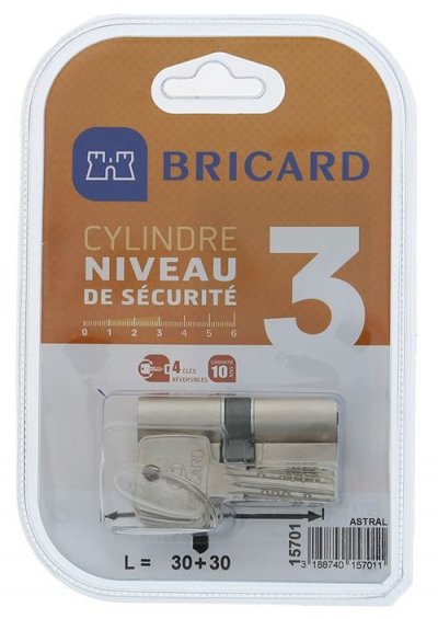 BRICARD  ASTRAL 15701 Cylindre 30+30 mm double entr&eacute;e laiton nickel&eacute;