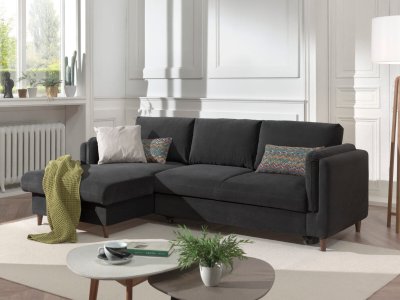 BEST MOBILIER Brooke - canap&eacute; d'angle gauche - convertible avec coffre - 4 places - en velours - Gris fonc&eacute;