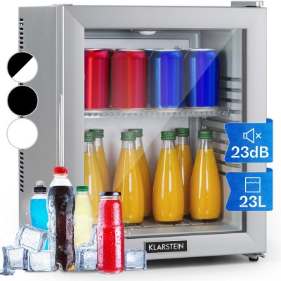 KLARSTEIN Brooklyn 24 Silver Mini r&eacute;frig&eacute;rateur CEE E porte vitr&eacute;e LED clayette argent 