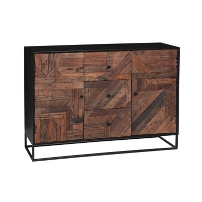 Buffet 2 Portes 3 Tiroirs en M&eacute;tal Noir et Bois Recycl&eacute; - JORDAN -