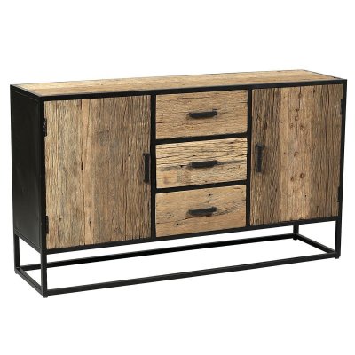 Buffet 2 portes 3 tiroirs en teck recycl&eacute; et m&eacute;tal laqu&eacute; noir - TANETOA -