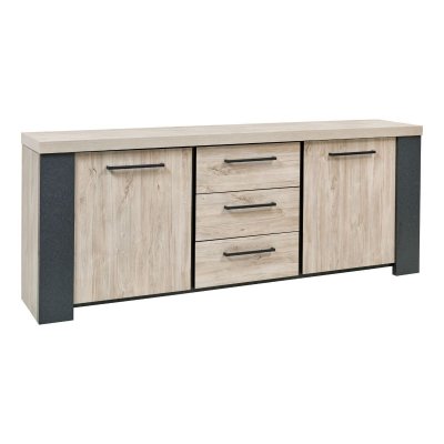 Buffet 2 Portes 3 Tiroirs Finition Ch&ecirc;ne Clair Et Gris Ardoise - Had&egrave;s