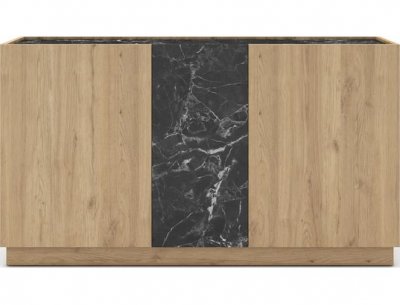 Buffet 3 portes 140x40x78,5 cm effet marbre noir et ch&ecirc;ne - LIKOU