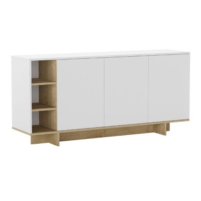 Buffet 3 portes 3 niches 170cm en m&eacute;lamin&eacute; blanc et imitation bois