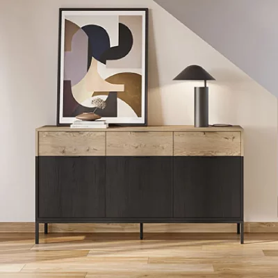 Buffet 3 portes 3 tiroirs 150x40x82 cm d&eacute;cor ch&ecirc;ne et noir - NANGY
