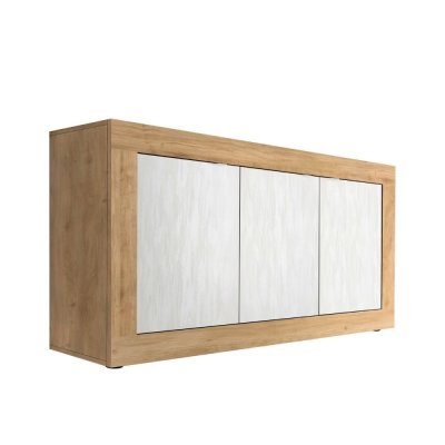 Buffet 3 portes aspect bois finition cadiz fa&ccedil;ades blanc textur&eacute;es