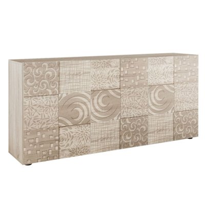 Buffet 3 portes aspect bois samoa s&eacute;rigraphies multi-motifs - JUAN -