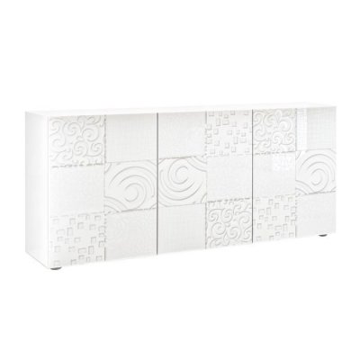 Buffet 3 portes blanc laqu&eacute; s&eacute;rigraphies multi-motifs - JUAN -