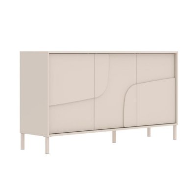 Buffet 3 portes laqu&eacute; beige fa&ccedil;ade relief pi&egrave;tement m&eacute;tal