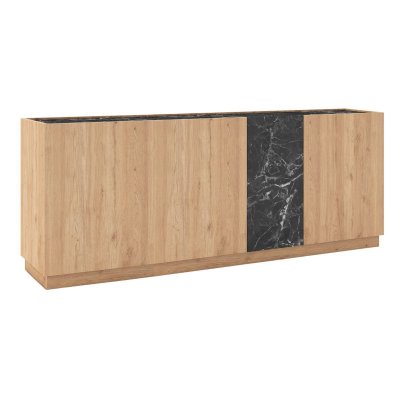 Buffet 4 portes 180cm en m&eacute;lamin&eacute; imitation bois et marbre noir - ODALYS -