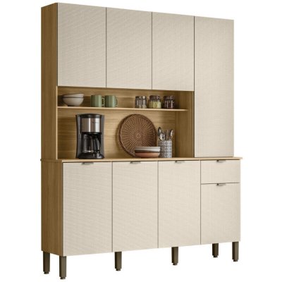 Buffet 8 Portes 1 Tiroir 18 Niches Ch&ecirc;ne Et Blanc Ecru Gaufr&eacute; L 161 H 200 P 38.8 Cm