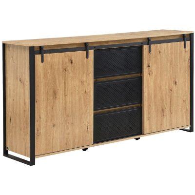 Buffet avec 2 portes coulissantes et 3 tiroirs en MDF et m&eacute;tal noir - Naturel - BELINARO