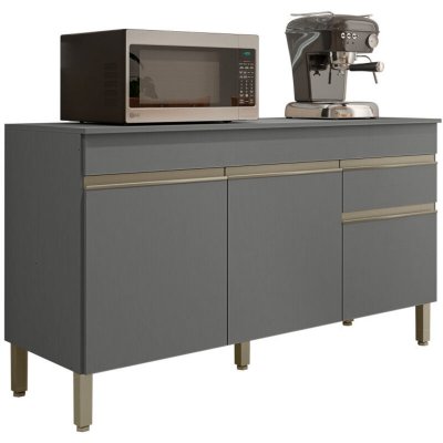 Buffet Bas 3 Portes 1 Tiroir Gris 5 Niches L 150 H 86 P 53.3 Cm