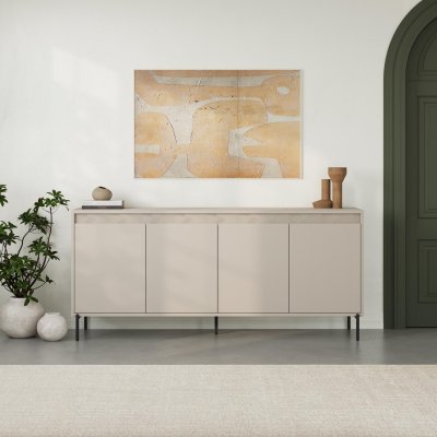 Buffet bas GRETA 4 portes 180 cm cr&egrave;me mat pieds noirs