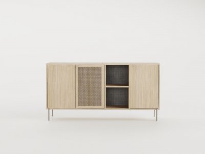 Buffet bas INTI 3 portes 2 niches ch&ecirc;ne nordic clair 164 x 44 x 80 cm