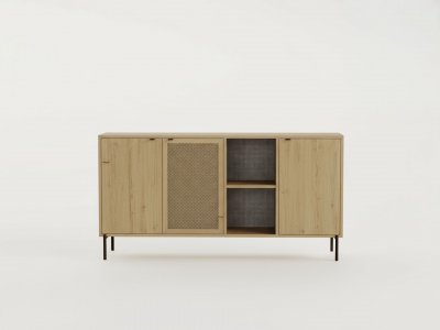 Buffet bas INTI 3 portes 2 niches ch&ecirc;ne Safir pieds m&eacute;tal 164 x 44 x 80 cm