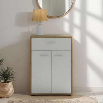 Buffet CALAIS, en m&eacute;lamin&eacute; d&eacute;cor ch&ecirc;ne sonoma et blanc mat 