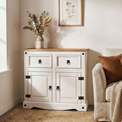 Buffet CAMPO avec 2 tiroirs et 2 portes, style mexicain en pin massif blanc et brun