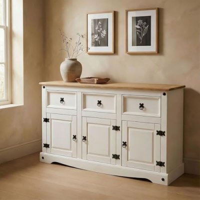 Buffet CAMPO avec 3 tiroirs et 3 portes, style mexicain en pin massif blanc et brun