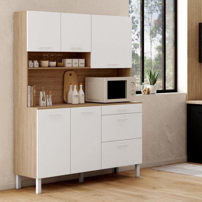 Buffet casserolier de cuisine 140 cm 5 portes + 3 tiroirs fa&ccedil;on h&ecirc;tre et blanc
