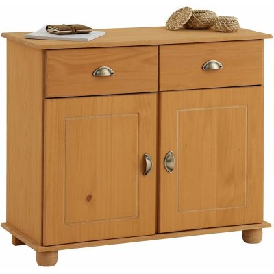 Buffet COLMAR en pin massif, 2 tiroirs et 2 portes, finition teint&eacute;e et cir&eacute;e