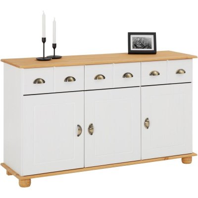 Buffet COLMAR en pin massif, 3 tiroirs et 3 portes, lasur&eacute; blanc et brun