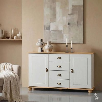 Buffet COLMAR en pin massif, 4 tiroirs et 2 portes, lasur&eacute; blanc et brun