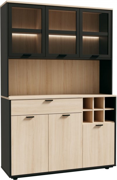 Buffet cuisine industriel MANTEK ch&ecirc;ne noir 122,8 cm LED verre fum&eacute;