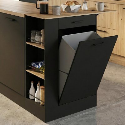 IDMARKET Buffet De Cuisine 90cm Tibo, Espace Poubelle, Tablette, 1 Tiroir, 3 &Eacute;tag&egrave;res Bois/Noir